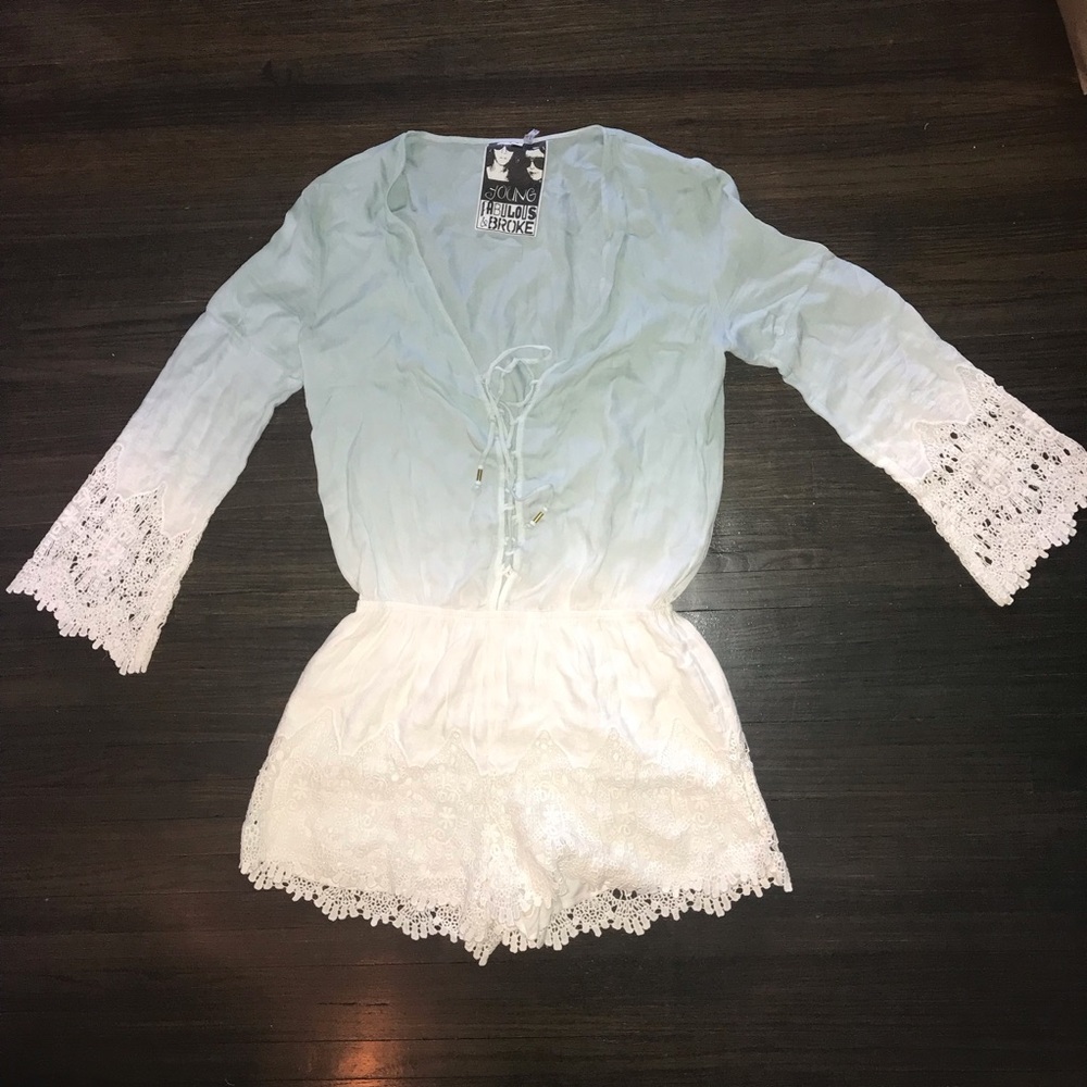 Young Broke Fabulous Blue to White Crochet Trim Shorts Romper Vacation